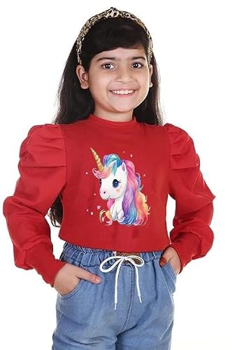 Kf Deals Girls' Unicon Printed Full Sleeve Puff Top Red
