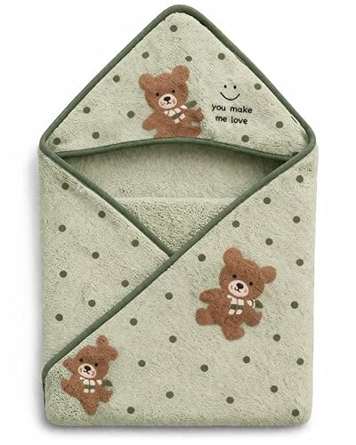 Khillayox Baby Hooded Bath Towel Wrap with Cute Teddy Bear Design, Ultra Soft & Absorbent Coral Fleece Blanket for Newborns & Infants, Quick Dry Cozy 70X70 CM. Green