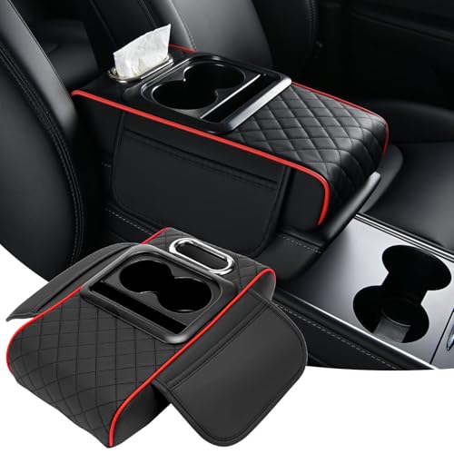 Khushi Liquid Car Armrest Cushion, 5 in 1 Center Console Cover with 2 Cup Holders, Phone Holder, Tissue Holder, Storage Bag, Multifunctional Leather Heightened Car Armrest Cushion for Most Cars