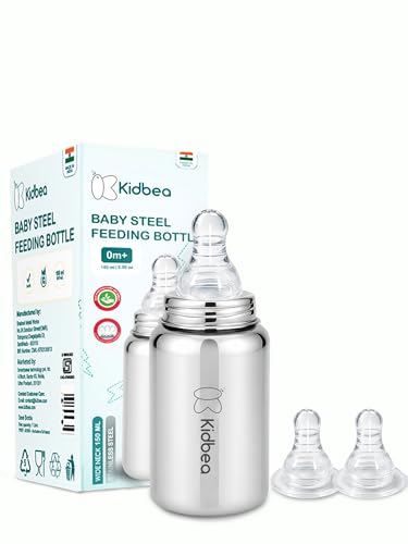 Kidbea Stainless Steel Baby Feeding Bottle 150ml (0m+) with 2 Extra Silicone Nipples | BPA Free Wide Neck Anti-Colic Infant Milk Bottle Feeder