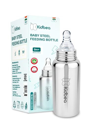Kidbea Steel Baby Feeding Bottle- 250Ml | Anti-Colic Wide Neck Milk Bottle with Silicon Nipple Newborn & Infants Kids, BPA Free