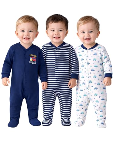 Kidbee Baby Boys & Girls Full Sleeves Cotton Footed Romper Sleepsuit Pack of 3 (DarkBlue-Car, 3-6 Months)