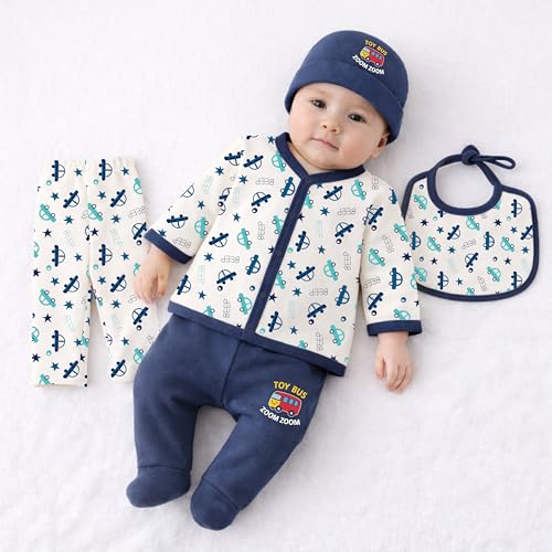 Kidbee Baby Clothing Gift Set for Boys & Girls, 5 Piece Newborn Clothing Combo with Front Open Top, Pajama, Printed Pant, Cap & Bib, Soft Cotton, 0–6 Months Baby (DarkBlue-CMB-501)