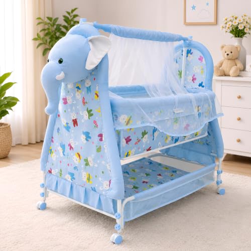 KIDBITKART Funbaby New Born Baby Swing Cradle Crib Jhula with Mattress Pillow Adjustable Height and Mosquito Net Bassinet & Wheels (Elephant Blue)