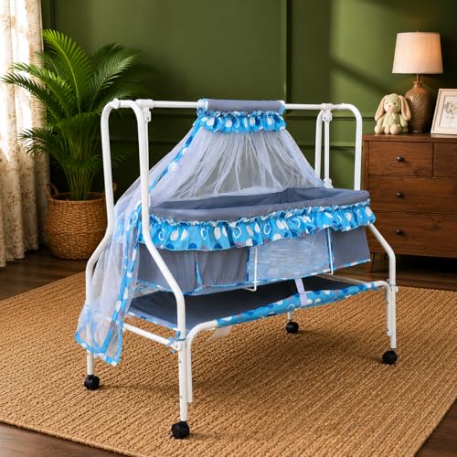 Kiddery Ares | Cradle for Baby | New Improved Mattress Design | Mosquito Protection Net | Smooth Swing | All Wheel Lock | Palna | Jhula | Uyyala | 0-10 Months | Blue