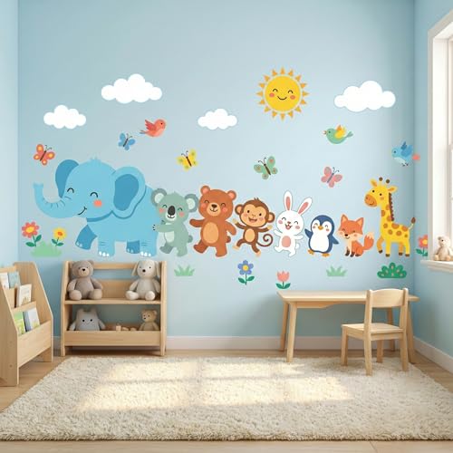 Kids Cartoon Animal Wall Sticker – Cute Elephant, Giraffe, Bunny & Friends Nursery Wall Decal for Baby Room, Kids Bedroom & Play Area Wall Decor (Small)