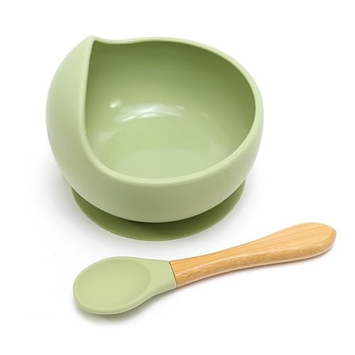 Kids Station 2 Piece BPA-Free Silicone Baby Feeding Set - Bowl - Spoon - Make Mealtime Fun and Easy for Your Little One - Tableware Meal Utensils for Kids with Suction - Microwave Friendly (Green)