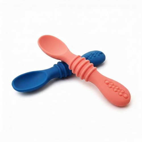 Kitchen Expert Silicone Baby Feeding Set | Set of 2 | Training Spoon | BPA-Free Utensils for 6-24 Months | Baby Cutlery Set for Toddlers | Led Weaning Spoon for Kids