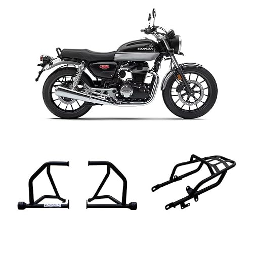 KONNEN Combo Premium Crash Guard and Touring Top Rack Compatible with Honda H’Ness CB350 | Engine Guard with Frame Sliders & Rear Luggage Carrier (Touring Combo) Black (Set of 1)