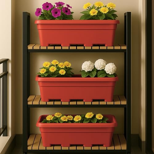 Kraft Seeds 17 inch Pack of 3 Rectangular Planters, Durable UV Treated Balcony planters, Indoor & Outdoor- Flower pots for Balcony,Red Plant Pot with Drainage Holes