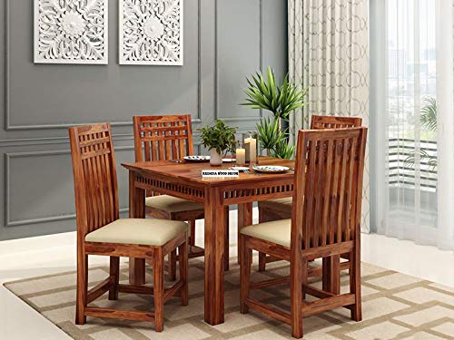 Krishna Wood Decor Solid Sheesham Wood 4 Seater Dining Table | Four Seater Dinner Table with 4 Cushions Chairs | Dinning Table Set 4 Seater for Living Room | Wooden Table & Chairs Set | Teak Finish