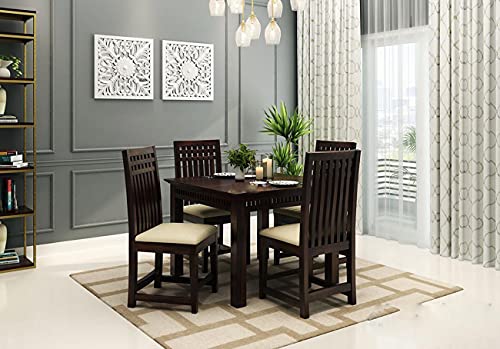 Krishna Wood Decor Solid Sheesham Wood 4 Seater Dining Table | Four Seater Dinner Table with 4 Cushions Chairs | Dinning Table Set 4 Seater for Living Room | Wooden Table & Chairs Set | Wanut Finish