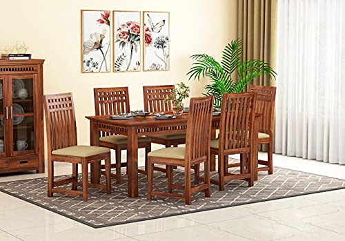Krishna Wood Decor Solid Sheesham Wood 6 Seater Dining Table | Six Seater Dinner Table with 6 Cushions Chairs | Dinning Table Set 6 Seater for Living Room | Wooden Table & Chairs Set | Teak Finish