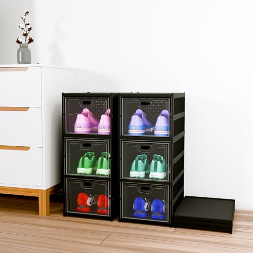 Kuber Industries Pack of 2 Plastic 3 Layer See Through Closed Shoes Racks for Home | Shoe Boxes Storage/Sneaker Shoe Box Stand | Organizer for Wardrobe | Collapsible Shoe Rack Storage | Matte Black