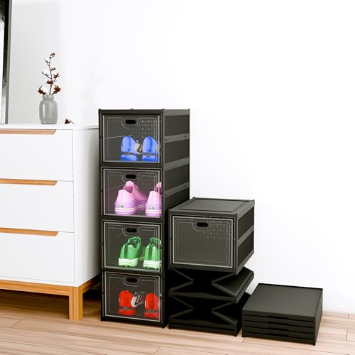 Kuber Industries Plastic 4 Layer See Through Foldable Closed Shoes Racks for Home | Shoe Boxes Storage/Sneaker Shoe Box Stand | Organizer for Wardrobe | Collapsible Shoe Rack Storage | Matte Black