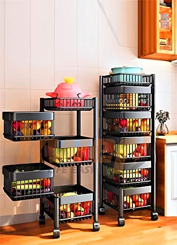 KWER Kitchen Wire Trolley Onion Baskets for Storage, Kitchen Accessories Items and Vegetable Basket for Kitchen Organizer Items & Storage Portable Kitchen Accessories with Wheels(Black,Layer-4), Metal