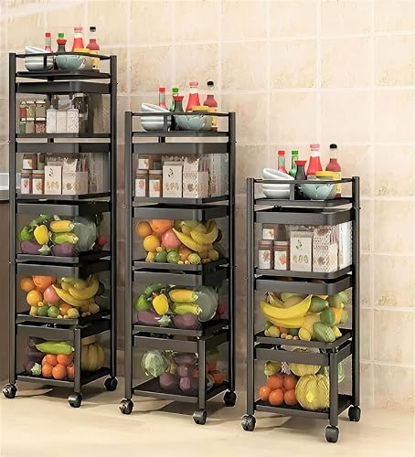 KWER Metal Kitchen Trolley Square Onion Baskets for Storage,Kitchen Accessories Items&Vegetable Basket for Kitchen Organizer Items&Storage Portable Kitchen Accessories with Wheels(Black,Layer-5)