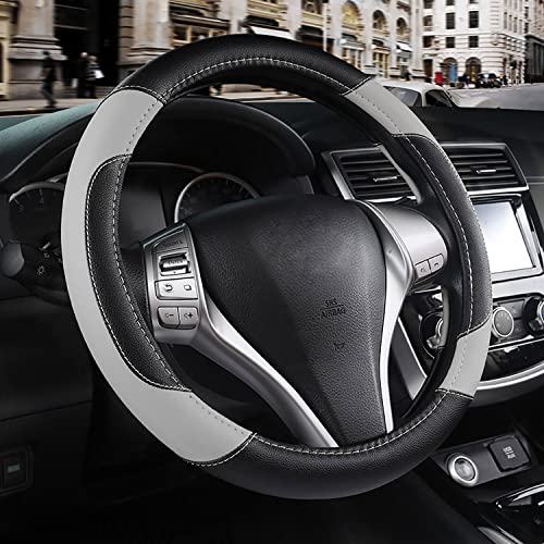 Leather Car Steering Wheel Cover, Non-Slip Car Wheel Cover Protector Breathable Microfiber Leather Universal Fit for Most Cars(Grey)
