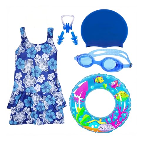 LEBAMI ﻿Kids Girls One piece Swimsuit Combo Kit | Frock Swim Costume with Goggles, Cap, Swimming Tube, Nose Clip & Earplugs | Pool & Beach Swimming Kit(Blue,2-3 Y)