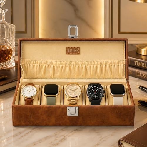 LEDO Watch Box organizer case for Men and Women in tan color with 5 slots of watches PU Leather