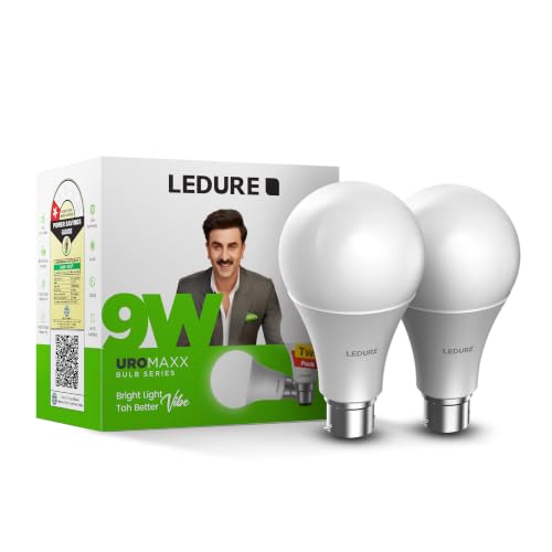 LEDURE 9W Uromaxx High Glow Led Bulb | Pack of 1 (2 Bulbs) | B22 Base | BIS and BEE Approved | Cool White Day Light (6500K) | High Surge Protection | Long Life B22 bulb for Home and Office