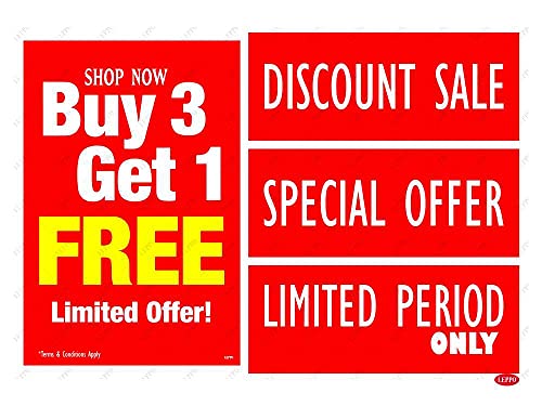 LEPPO Buy One Get One Free Sale Self Adhesive Laminated Poster & Stickers Use for Shops, Malls, Retail Stores Clearance Promotion Discount Deals - Combo Pack RED (Buy 3 Get 1, 2 Pc Qty)