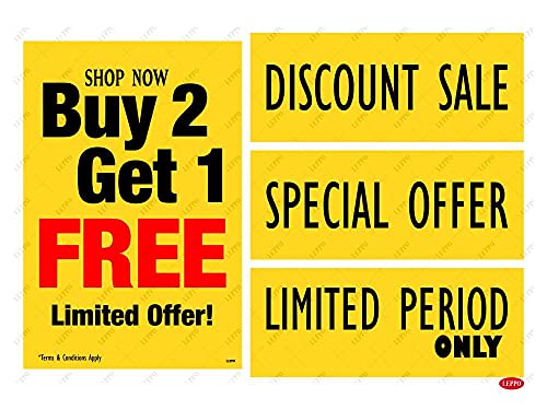 LEPPO Buy One Get One Free Sale Self Adhesive Laminated Poster & Stickers Use for Shops, Malls, Retail Stores Clearance Promotion Discount Deals - Combo Pack YELLOW (Buy 2 Get 1, 3 Pc Qty)