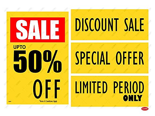 LEPPO Sale Upto 25% I 50% I 70% Off & Discount Sale, Special, Limited Period Self Adhesive Laminated Poster & Stickers Use for Retail Stores, Shops, Malls - Combo Pack YELLOW (50% OFF, 3 Pc Qty)