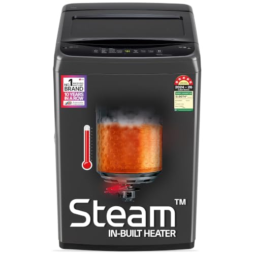 LG 9 Kg, 5 Star, Smart Inverter Technology, In-built heater with Steam, Fully Automatic Top Load Washing Machine (T90VBMB1S, Turbodrum, Stain Clean, LED Display, Smart Diagnosis, Middle Black)