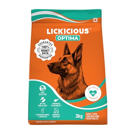 LICKICIOUS Optima Dry Dog Food Adult 3 KG | Chicken & Vegetable | Complete and Balanced Optimum Nutrition for Pedigree Dogs | Great Taste & Easy Digestion (Pack of 1)