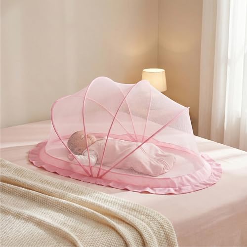 Lifelong Cuppy Baby Mosquito Net for Kids 0-2 Years | Foldable & Bottomless with Soft Breathable Mesh | Lightweight & Portable | Safe & Sturdy Umbrella Net 90x60x45 cm (Pink,LLCMNK03)