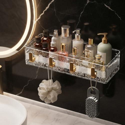 LINEAR Wall Mounted Bathroom Shelves | Storage Shelf Organiser with Towel Bar | Self Adhesive Shelf for Bathroom | Storage Organizer Racks for Bathroom Accessories (4 Hook Shelve)