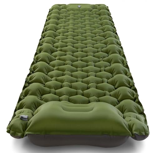 Linist Camping Sleeping Pad, Ultralight Camping Mat with Pillow Built-in Foot Pump Inflatable Sleeping Pads Compact for Camping Backpacking Hiking Traveling-Light Green, Nylon