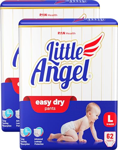 Little Angel Baby Easy Dry Diaper Pants With 12 Hrs Absorption Large (L) Size, 124 Count, Pack Of 2, 9-14 Kgs - L (62 Count, Pack of 2)