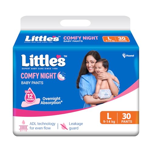 Little's Baby Diapers L Size (Large) Pants Style | 9-14 kg | 30 Count | Comfy Nights Baby Diaper Pants with Leakage Guard & Upto 12 Hours Absorption (30 Count, Pack of 1)