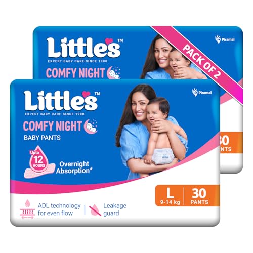 Little's Baby Diapers L Size (Large) Pants Style | 9-14 kg | 60 Count | Comfy Nights Baby Diaper Pants with Leakage Guard & Upto 12 Hours Absorption (30 Count, Pack of 2)
