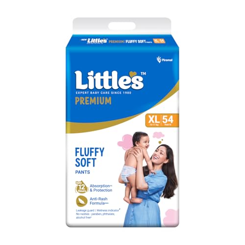 Little's Premium Baby Diapers XL Size (Extra Large) Pants Style | 12-17 kg | 54 Count | Super Jumbo FluffySoft Baby Diaper with Leakage Guard, Wetness Indicator & 12 Hours Absorption