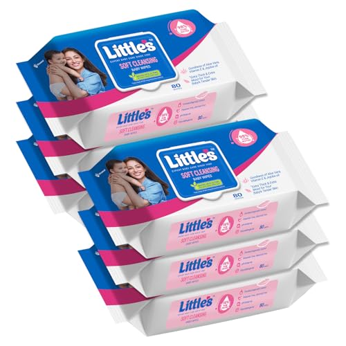 Little's Soft Cleansing Baby Wipes with Lid | 80 Wipes x Pack of 6 - 480 Wipes | Extra Thick & Moist Wet Wipes for Baby's | Prevents Rashes & Redness with Goodness of Aloe Vera, Vitamin E & Jojoba Oil