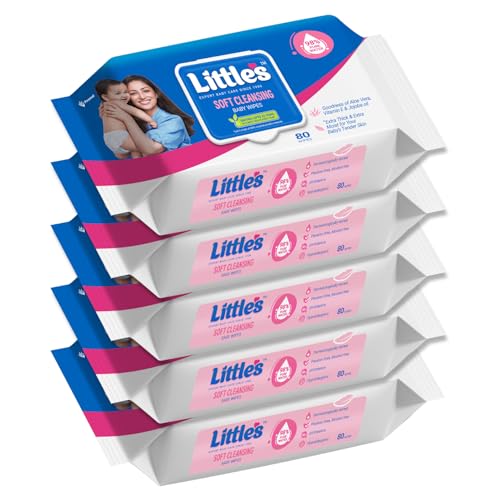 Little's Soft Cleansing Baby Wipes with Lid | 80 Wipes x Pack of 5 - 400 Wipes | Extra Thick & Moist Wet Wipes for Baby's | Prevents Rashes & Redness with Goodness of Aloe Vera, Vitamin E & Jojoba Oil