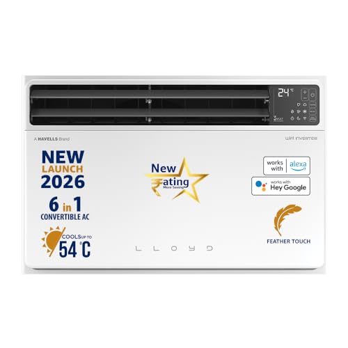 Lloyd 1.5 Ton 5 Star Top Throw Inverter Window AC, 2026 New Star Rated (6 in 1 Convertible, Cools Up To 54°C, Voice & WiFi Enabled, Opti Breeze, Super Silent, 4 Way Air Swing, White, GLW18V5AGTPR)