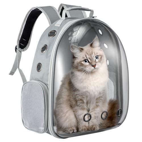 LN COZY CORNER Transparent Bubble Cat Backpack –Space Capsule Pet Carrier Backpack with Hard‑Shell Dome, Breathable Mesh & Padded Straps – Hands‑Free Travel Cat Bag Carrier (Grey)
