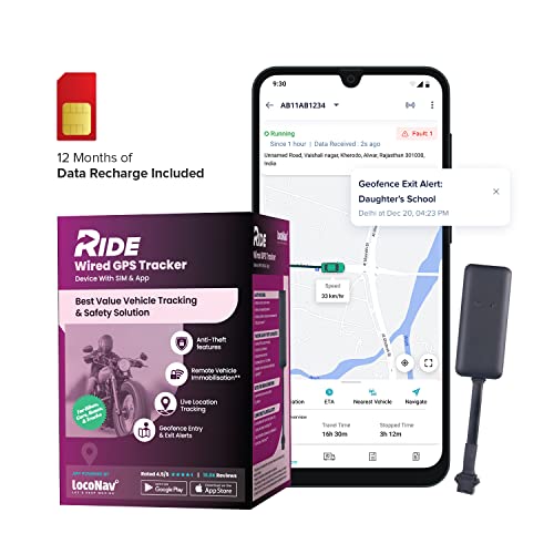 LocoNav Ride - Wired GPS Tracker for Car, Scooty, and Bike | Hidden Device with Live Location Tracking, Anti-Theft and Geofence Alerts, Driver Behaviour | PAN India Installation | 1 Year SIM Data