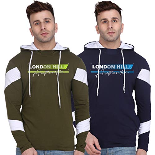 London Hills Cotton Men's Regular Fit Printed Full Sleeve Soft & Strong Hooded Sweatshirt Green, XL