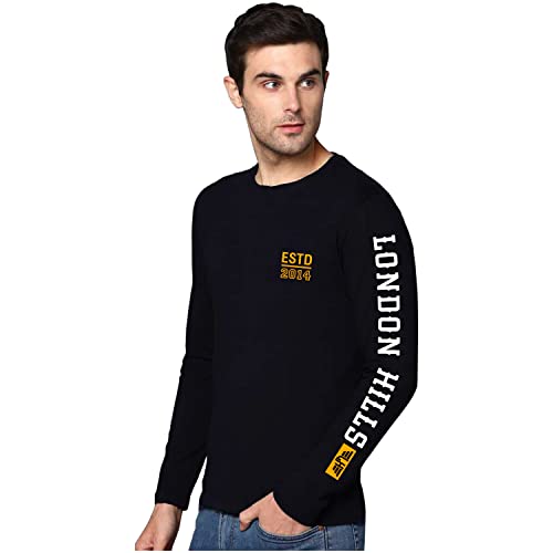 London Hills Cotton Printed Men Round Neck Full Sleeve Black Regular Fit T-Shirt, XX-Large