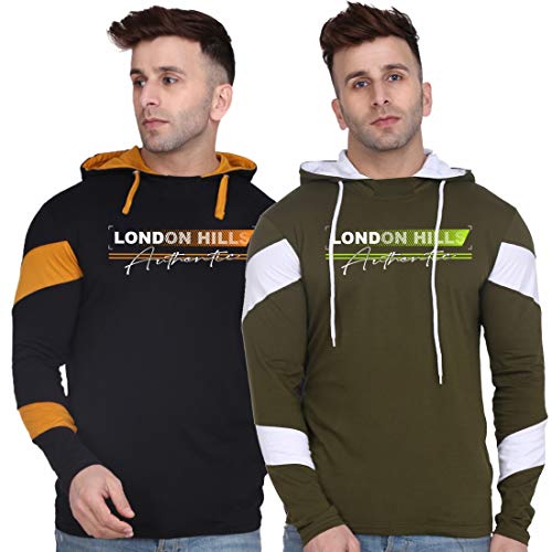 London Hills Men's Cotton Regular Fit Printed Full Sleeve Soft & Strong Hooded T-Shirt Black