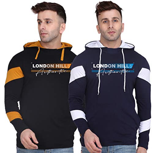 London Hills Men's Cotton Regular Fit Printed Full Sleeve Soft & Strong Hooded T-Shirt Dark Blue