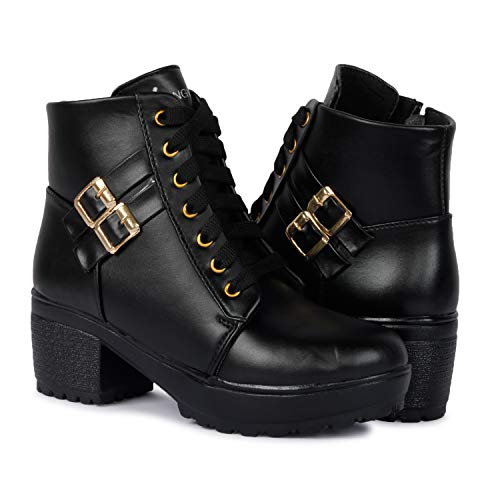 Longwalk Women Fashion Casual Boot High Ankle Heel for Girls Boot (Black, numeric_8)