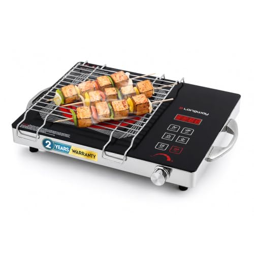 Longway Infralite Pro 2200W Infrared Induction Cooktop with Steel Grill Rack, Crystal Glass Top, Touch Panel & Digital Display, 4 Preset Modes – Stir Fry, BBQ, Hot Pot & Steam, Black
