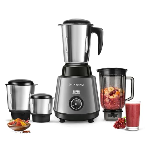 Longway Super Pro Juicer Mixer Grinder | Up to 750W Max Output Powerful Motor | 4 Jars for Grinding, Mixing, Juicing | 2 Years Warranty (Silver & Black)