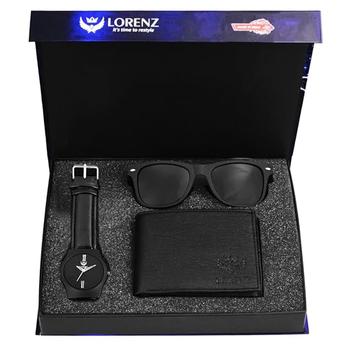 LORENZ men Black Analogue Watch, Wallet And Sunglasses Gift Combo Box And | CM-2036SN-WL-01